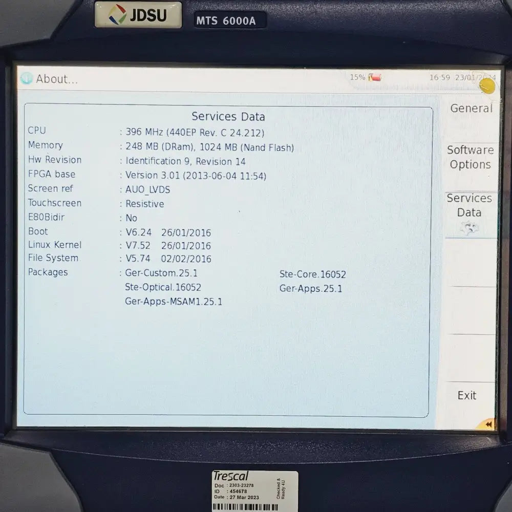 Viavi MTS 6000A mainframe serial number and product label