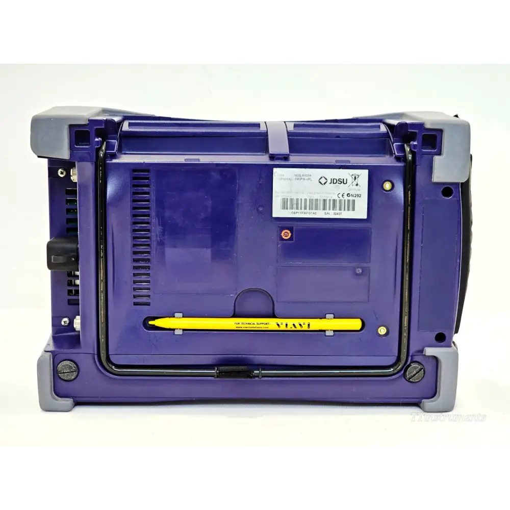JDSU MTS 6000A rear panel showing JDSU label, serial number barcode and VIAVI stylus pen in slot