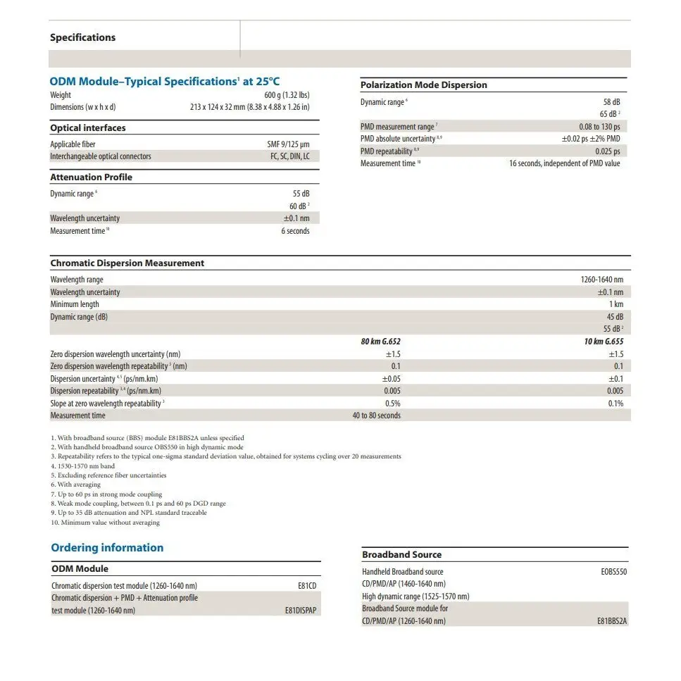 JDSU MTS 6000A 81MRDISPAP ODM module datasheet showing CD PMD AP typical specifications at 25°C