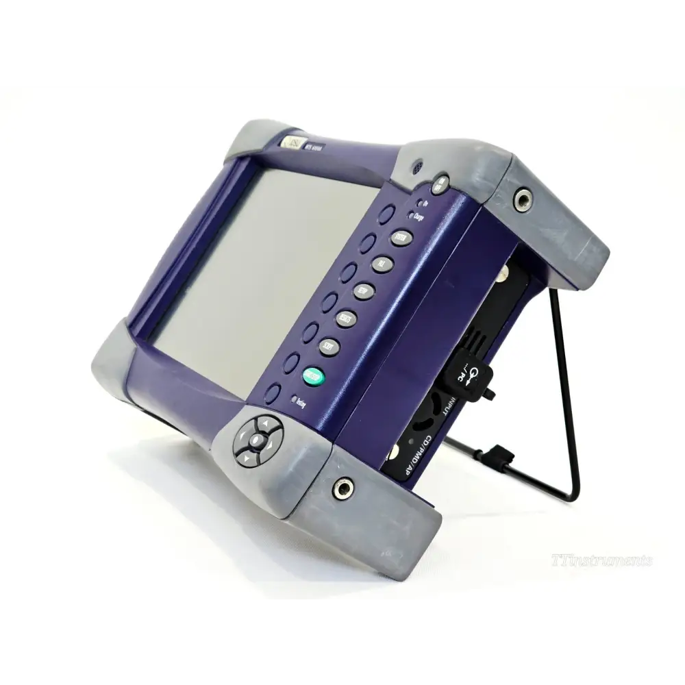 JDSU MTS 6000A angled right-side view showing module bay with CD/PMD/AP port labels and kickstand extended