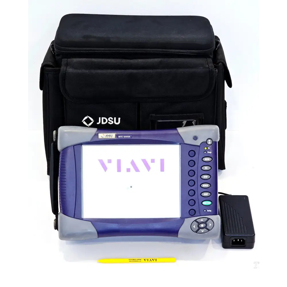 JDSU MTS 6000A dispersion analyser front view powered on showing VIAVI boot screen with carry case and AC adapter