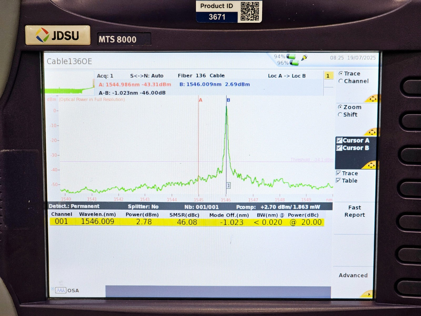 Viavi JDSU MTS 8000e (V2) with OSA-500R 2281/91.55 Optical DWDM Analyzer