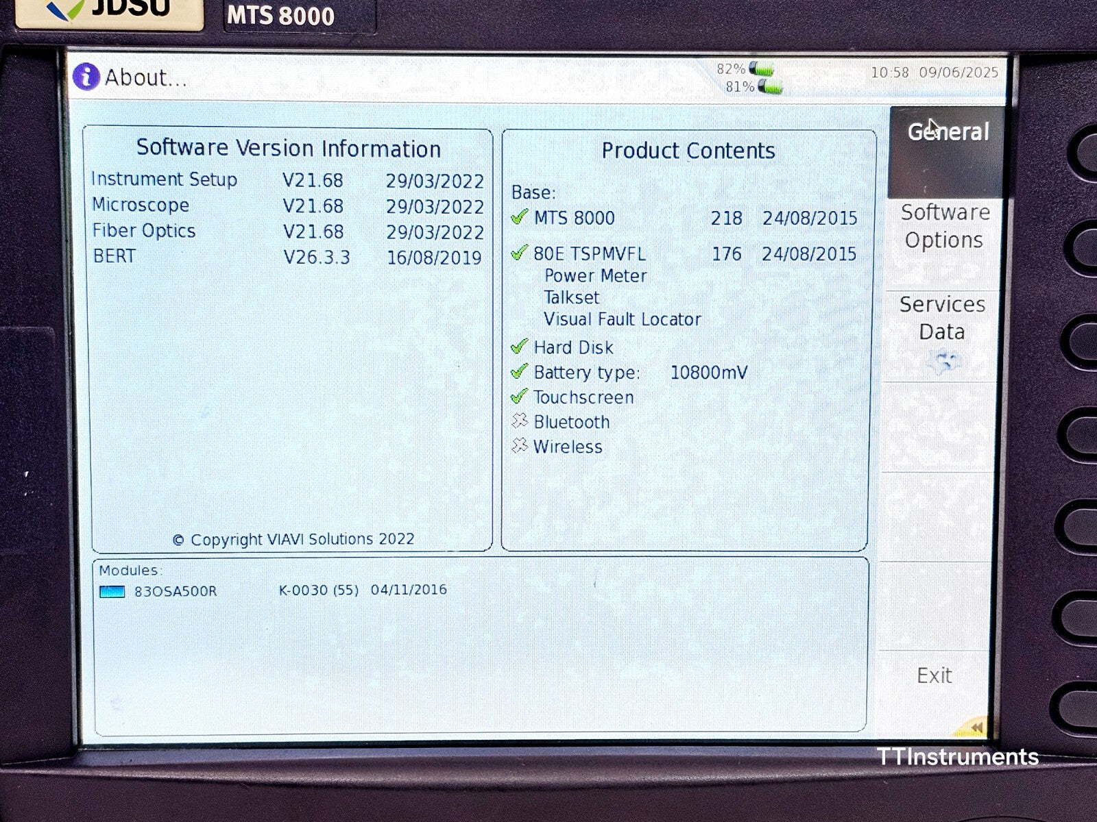 Viavi JDSU MTS 8000e (V2) with OSA-500R 2281/91.55 Optical DWDM Analyzer