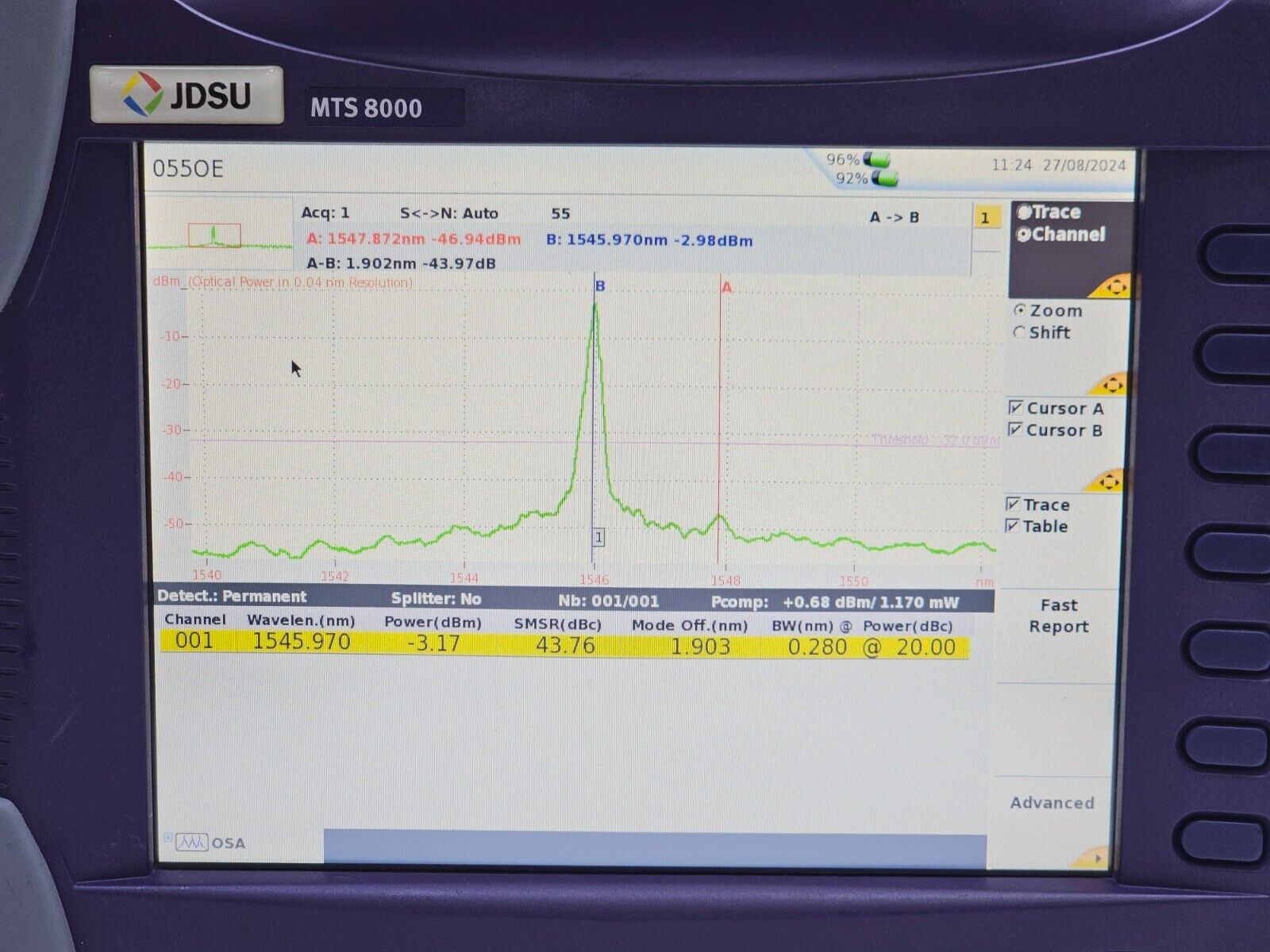 Viavi JDSU MTS 8000e V2 with OSA-500RS 2281/91.57 Optical DWDM Analyzer OSA PC