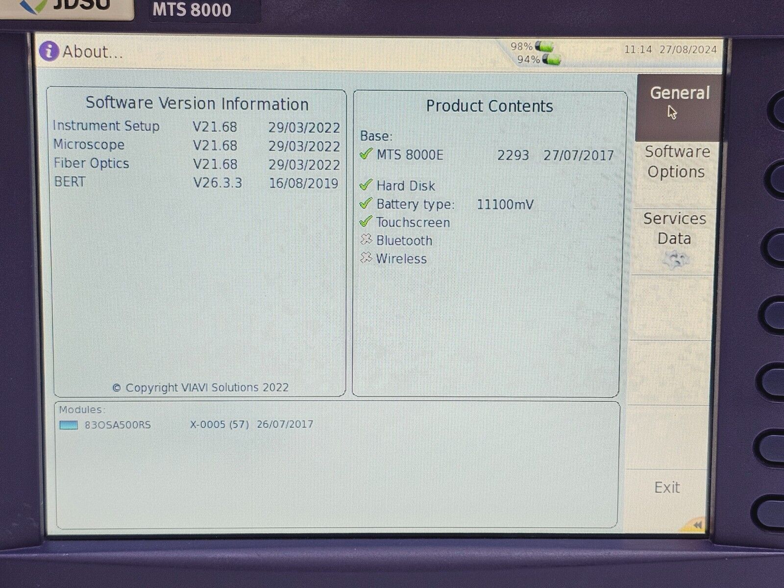 Viavi JDSU MTS 8000e V2 with OSA-500RS 2281/91.57 Optical DWDM Analyzer OSA PC