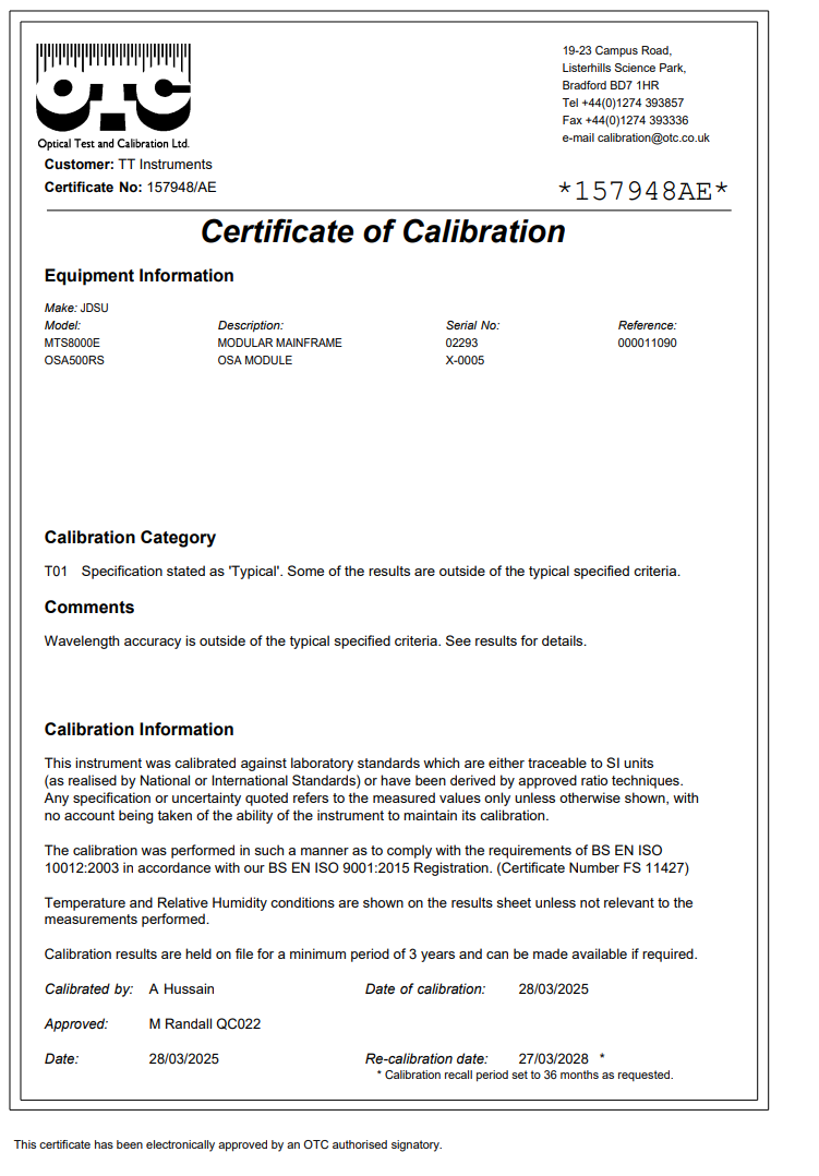 Viavi JDSU MTS 8000e V2 with OSA-500RS 2281/91.57 Optical DWDM Analyzer OSA PC