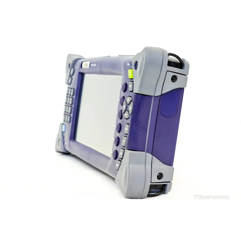 JDSU MTS T-BERD 4000 fibre optic mainframe right-side angled view showing rubber bumpers and module bay access panel