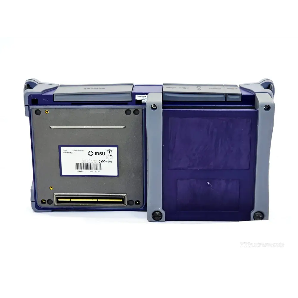 JDSU MTS T-BERD 4000 rear panel showing JDSU label with Type 4000 Series Option T serial number SN 5739 and module expansion connector