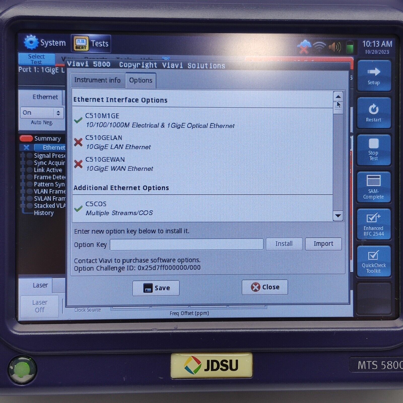Viavi JDSU MTS/TB-5800 w/ 5801 10/100/1000M Electrical & 1GigE Optical Ethernet