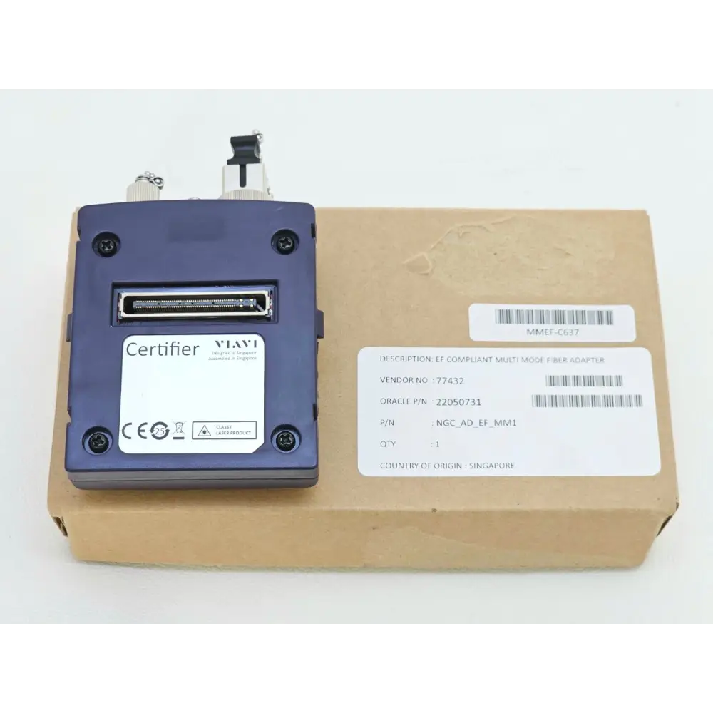 Viavi MMEF-C637 NGC_AD_EF_MM1 rear view showing Certifier edge connector and VIAVI CE Class I laser label