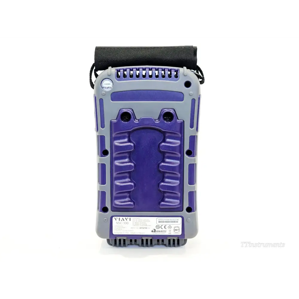 VIAVI NSC-100 rear panel showing label with model NSC-100 and serial number RRSP0063500236 and regulatory markings