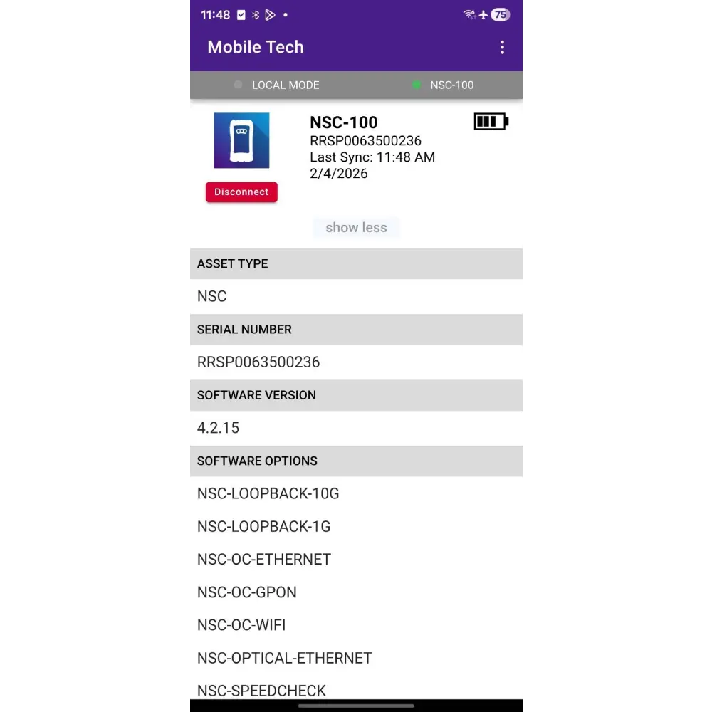 VIAVI Mobile Tech app screen showing NSC-100 serial RRSP0063500236 SW 4.2.15 and active software options