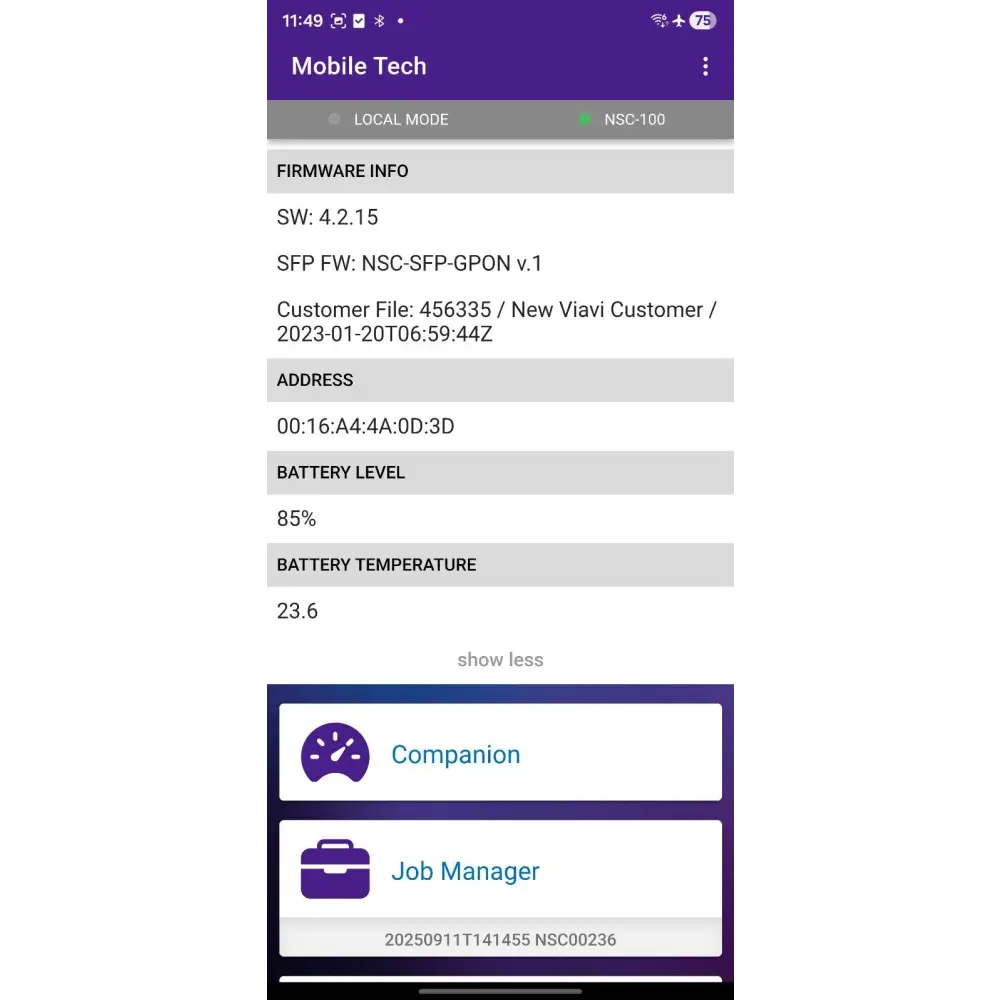 VIAVI NSC-100 Mobile Tech app showing firmware info, SFP FW GPON v.1, battery level 85% at 23.6°C