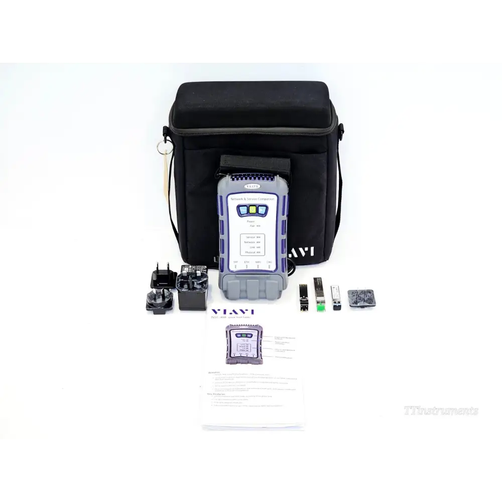 VIAVI NSC-100 complete kit — unit, VIAVI carry bag, power adapter, SFP transceivers and quick start guide