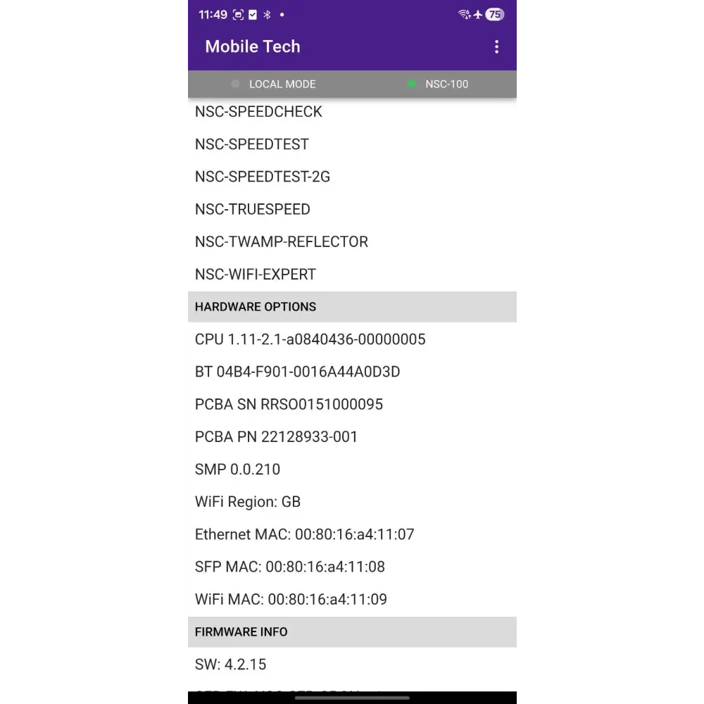 VIAVI NSC-100 Mobile Tech app screen showing hardware options, WiFi region GB, firmware SW 4.2.15