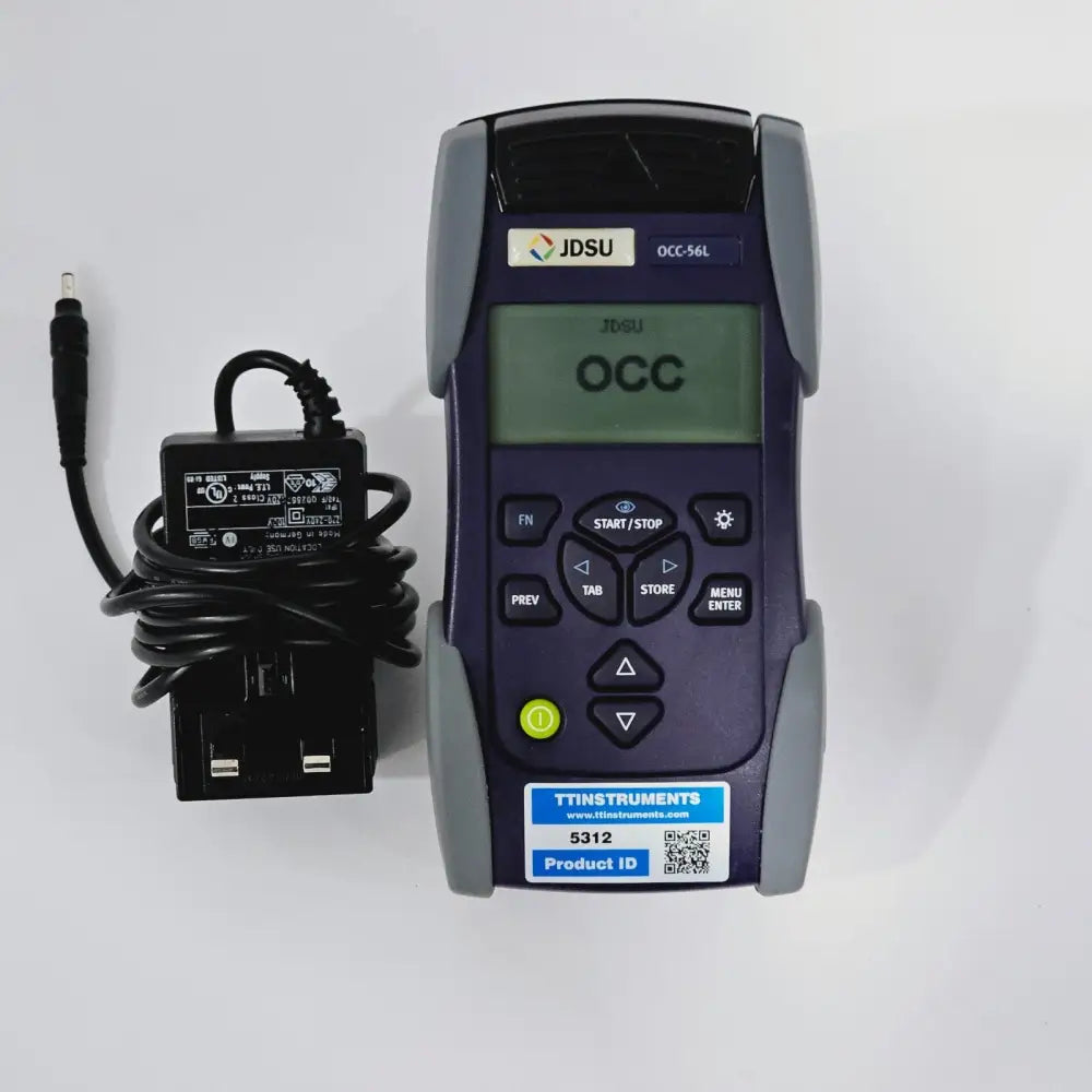 JDSU OCC-56L Optical Channel Checker front view powered on showing OCC boot screen, with AC adapter