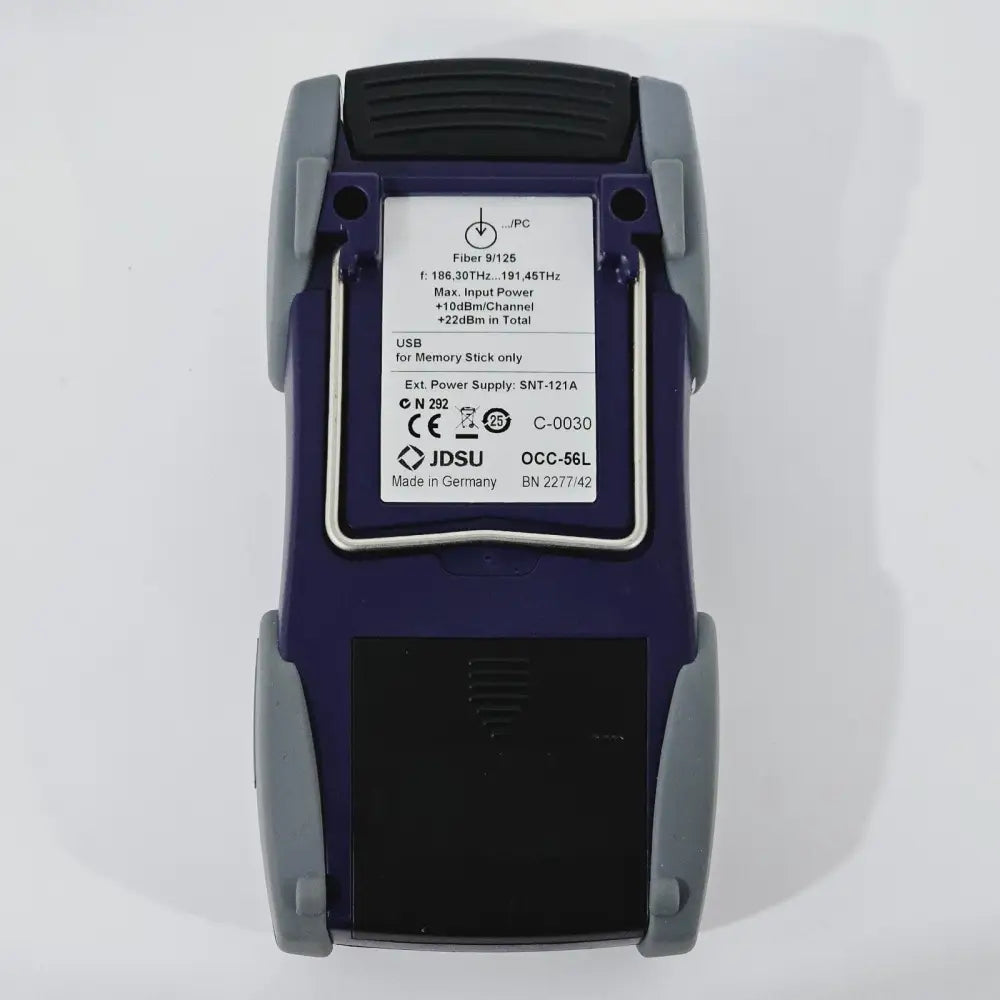 JDSU OCC-56L rear label showing model OCC-56L, BN 2277/42, fibre 9/125, frequency range and CE marks