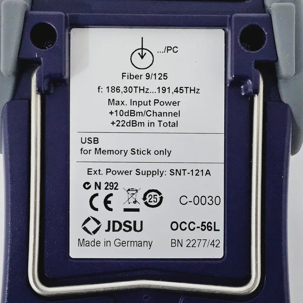 JDSU OCC-56L rear label close-up showing frequency range 186.30–191.45 THz, max input power and USB note