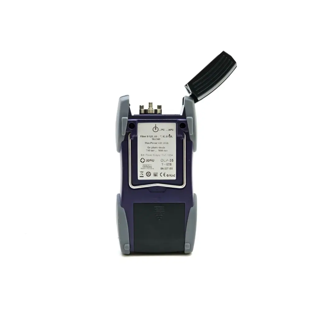 JDSU OLP-55 optical power meter BN 2277/01 rear label showing Ge photodiode, 780-1650nm, BN 2277/01, port cap open