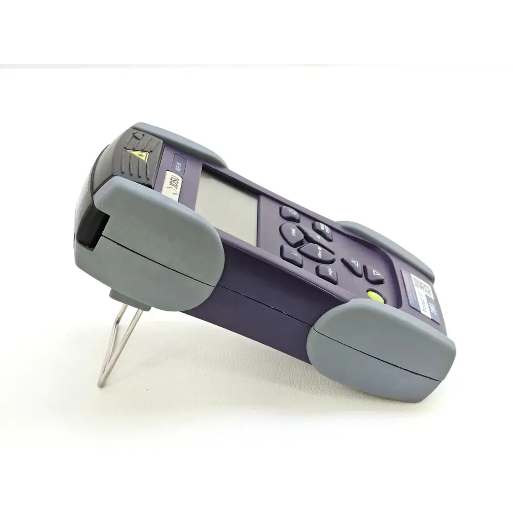 JDSU OLP-55 optical power meter opposite side angle showing rubber bumpers, port cover open and stand deployed