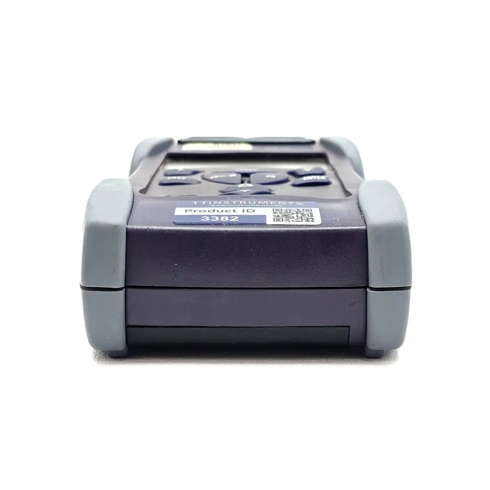 JDSU OLP-55 optical power meter bottom edge view showing keypad row, TT Instruments product ID label 3382