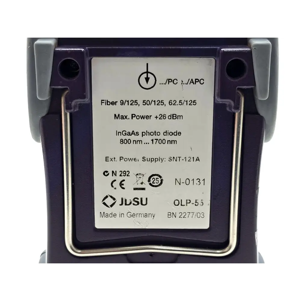 JDSU OLP-55 rear label close-up showing BN 2277/03, InGaAs 800–1700 nm, max +26 dBm, PC/APC connector compatibility