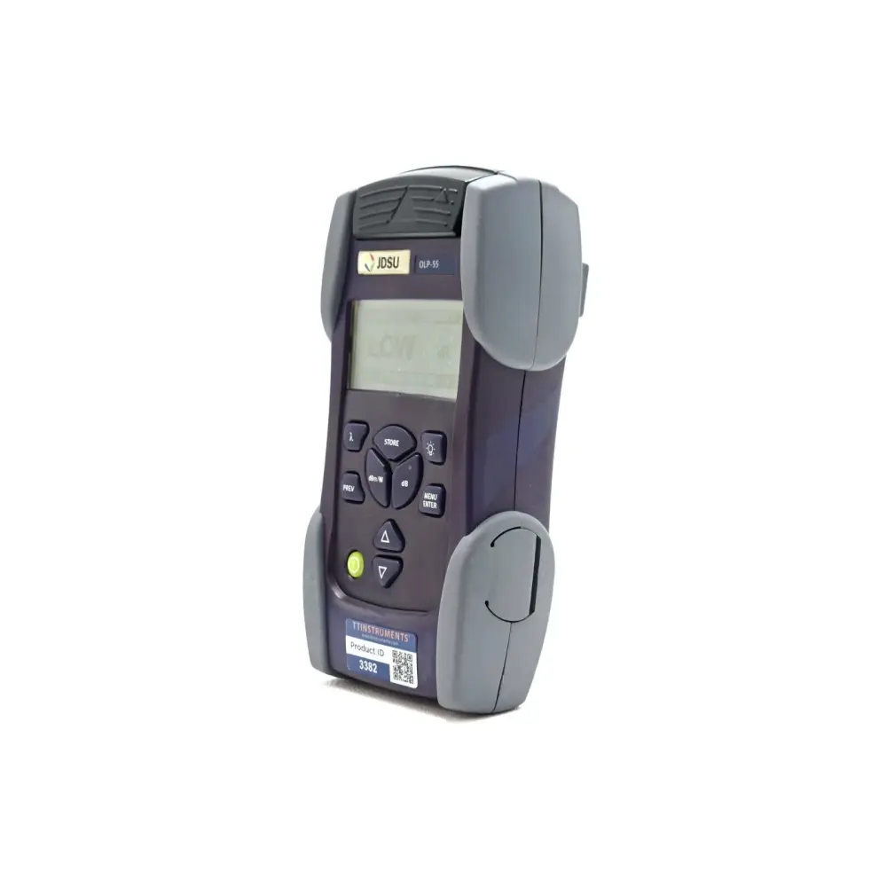 JDSU OLP-55 optical power meter right-side angle view showing keypad, TT Instruments product ID label 3382
