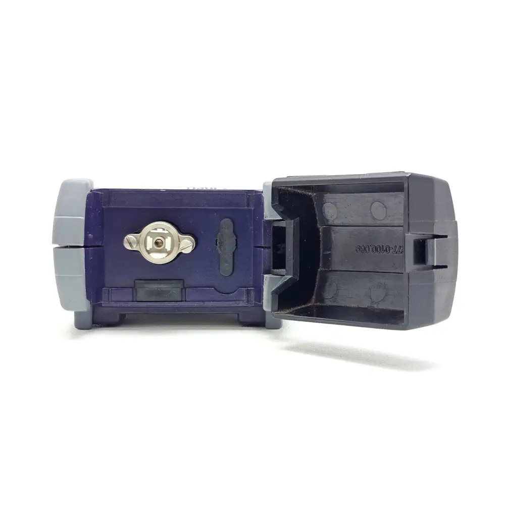 JDSU OLP-55 bottom view with battery compartment open showing empty battery bay and tripod mount screw socket