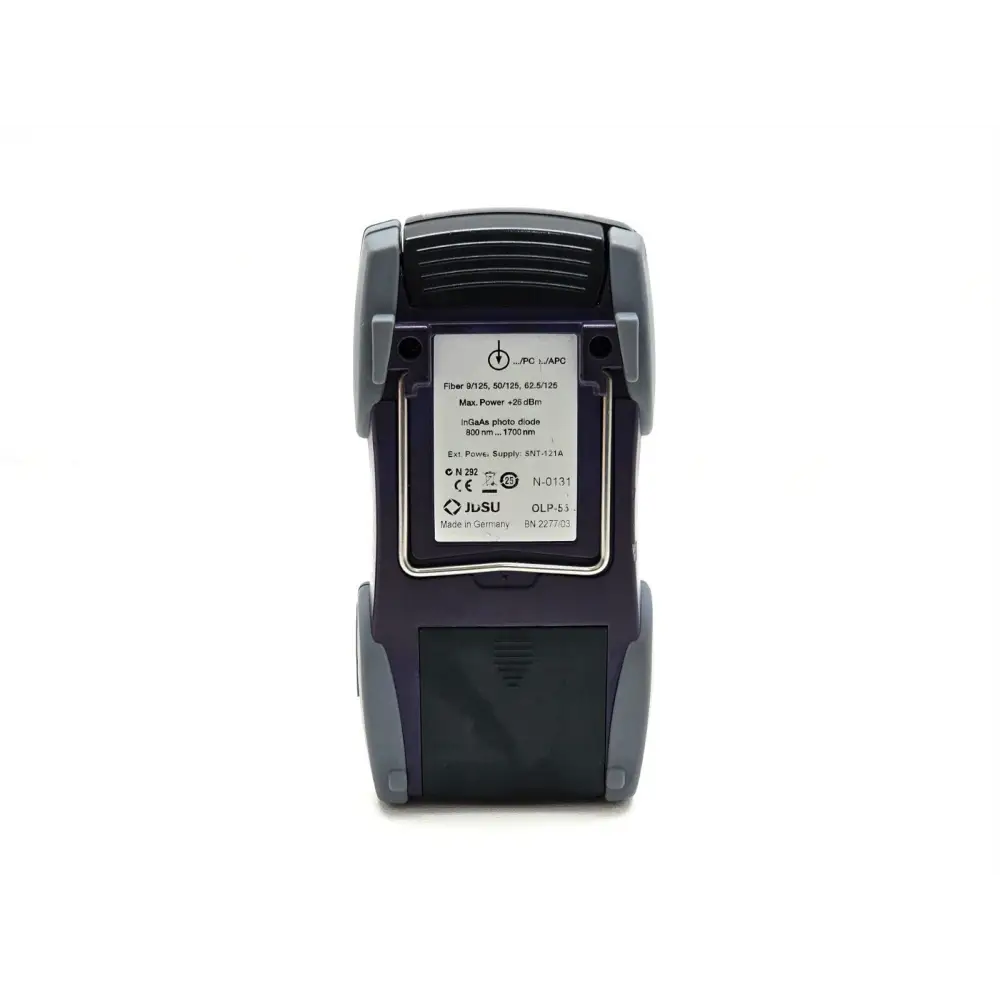 JDSU OLP-55 rear label showing BN 2277/03, InGaAs photodiode 800–1700 nm, max power +26 dBm, Made in Germany