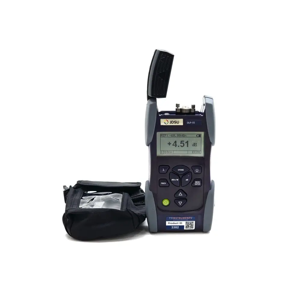 JDSU OLP-55 BN 2277/03 optical power meter front view with port cap open, displaying +4.51 dB reading, with carry case