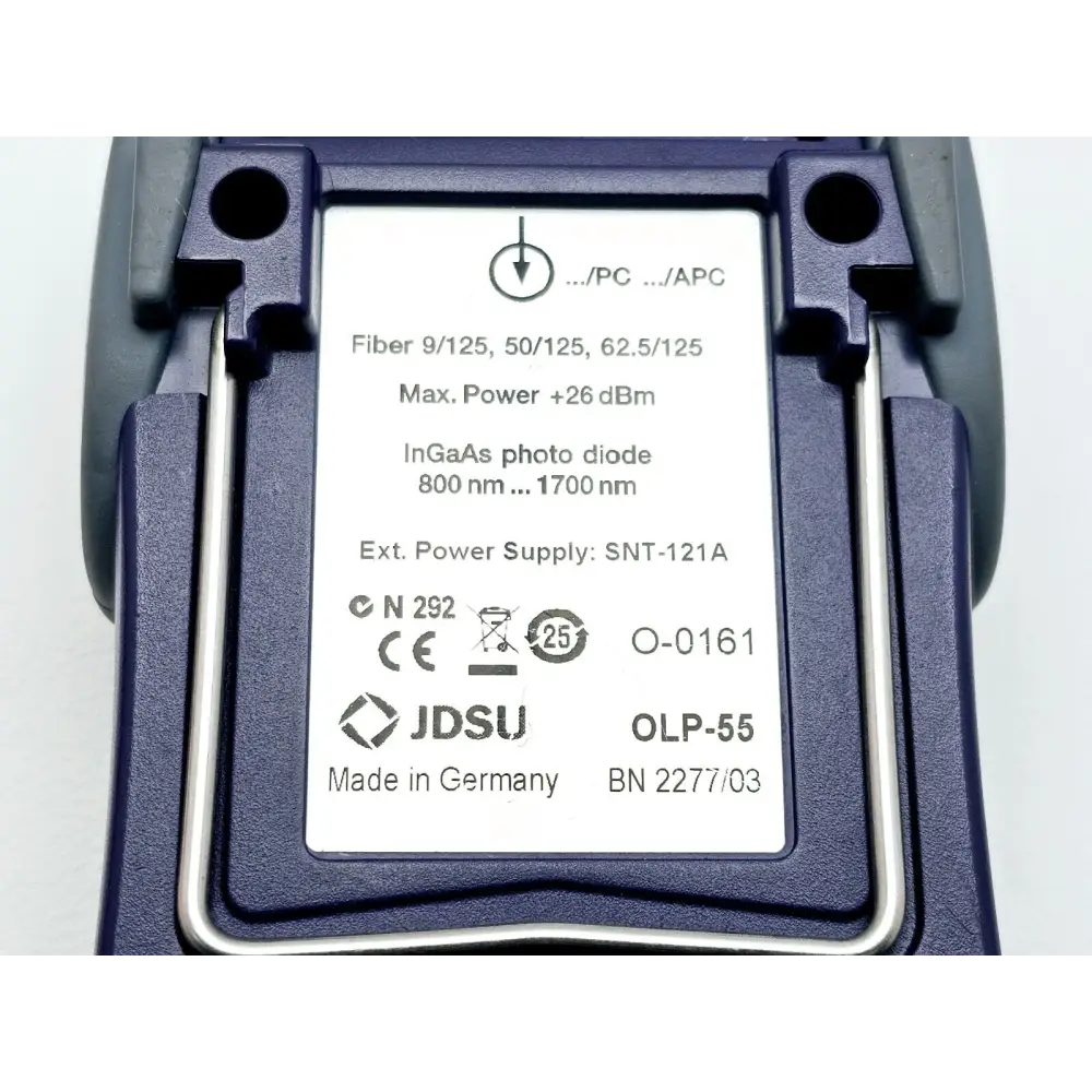 Viavi JDSU OLP-55 bottom view showing serial number and calibration label