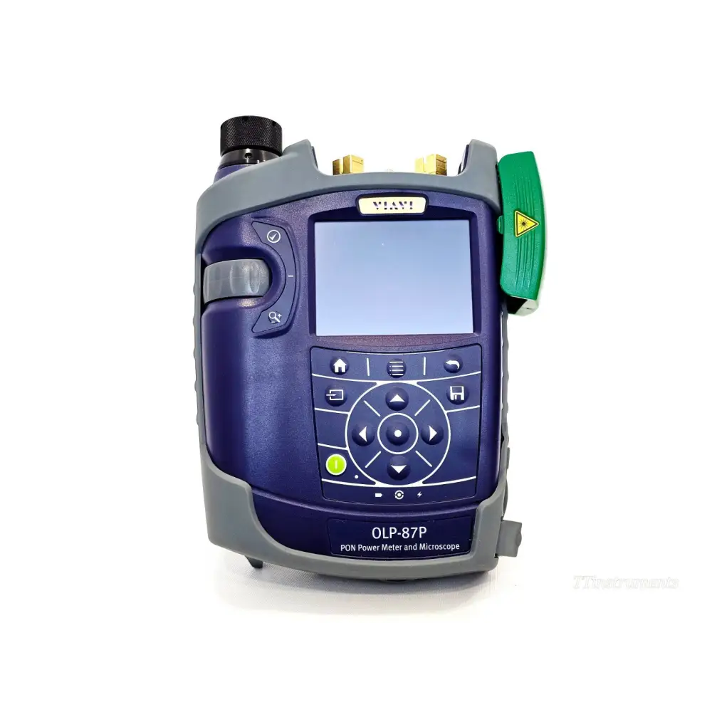 VIAVI OLP-87P PON Power Meter front view showing colour display, keypad, SC/APC ports and laser warning