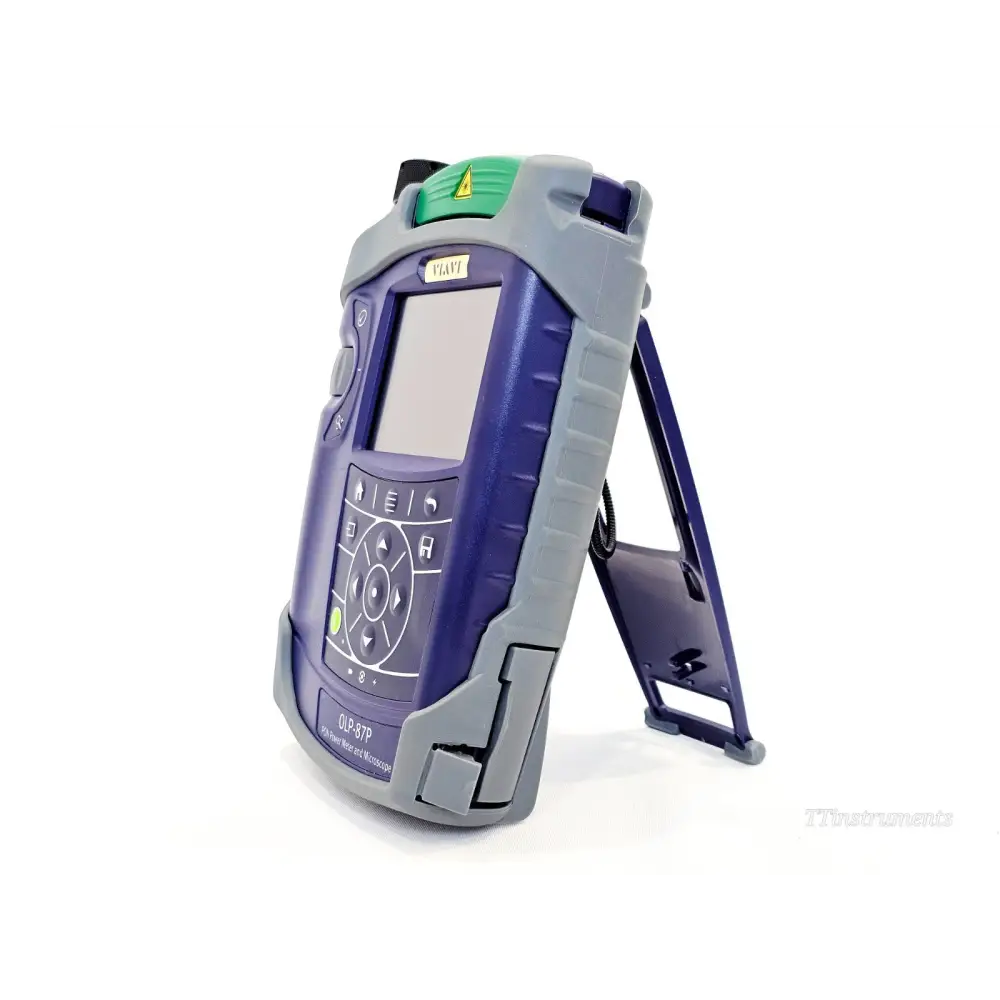 VIAVI OLP-87P PON Power Meter rear three-quarter view with kickstand extended and green fibre port cap