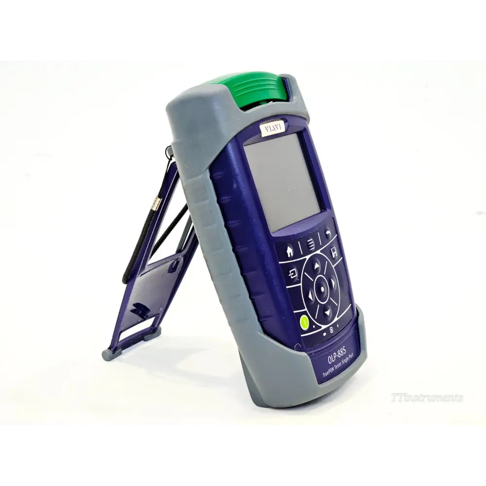 VIAVI OLP-88S TruePON tester angled front view on kickstand showing OLP-88S label and screen