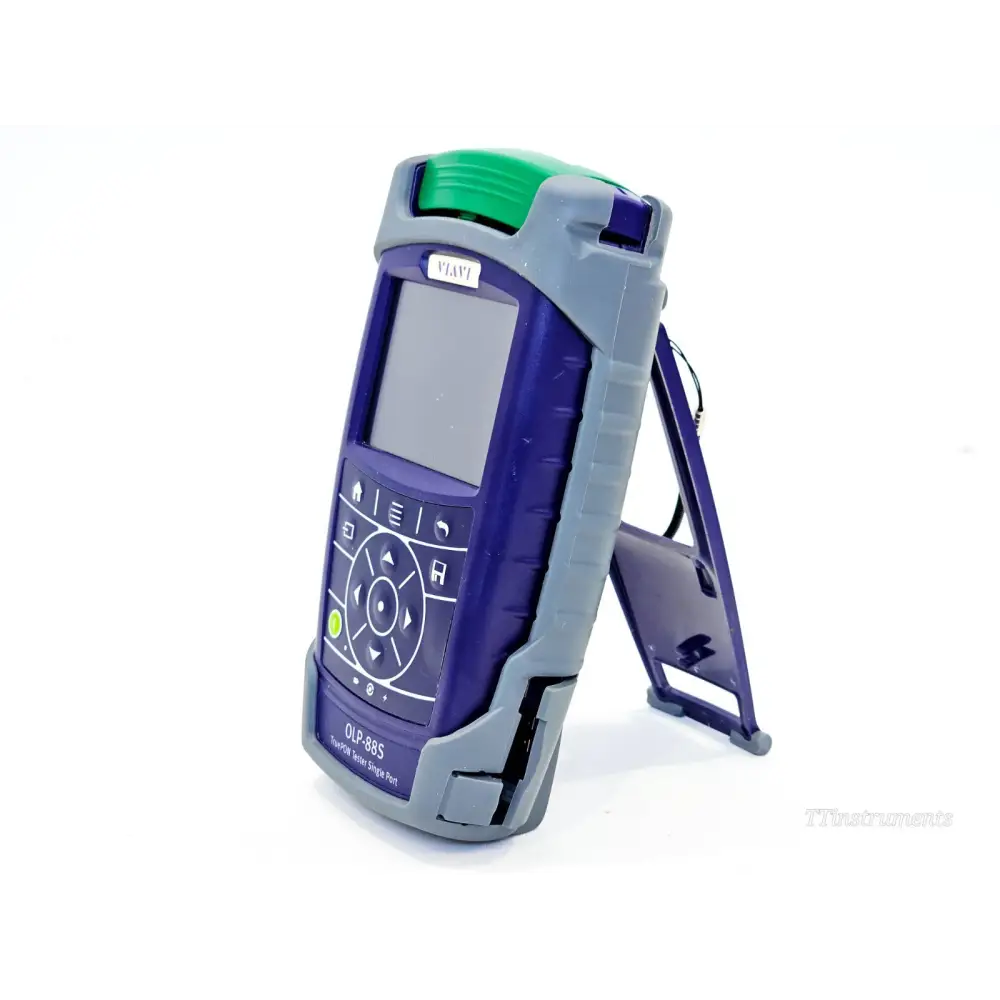 VIAVI OLP-88S TruePON tester side view with kickstand deployed, showing rugged grey and blue housing
