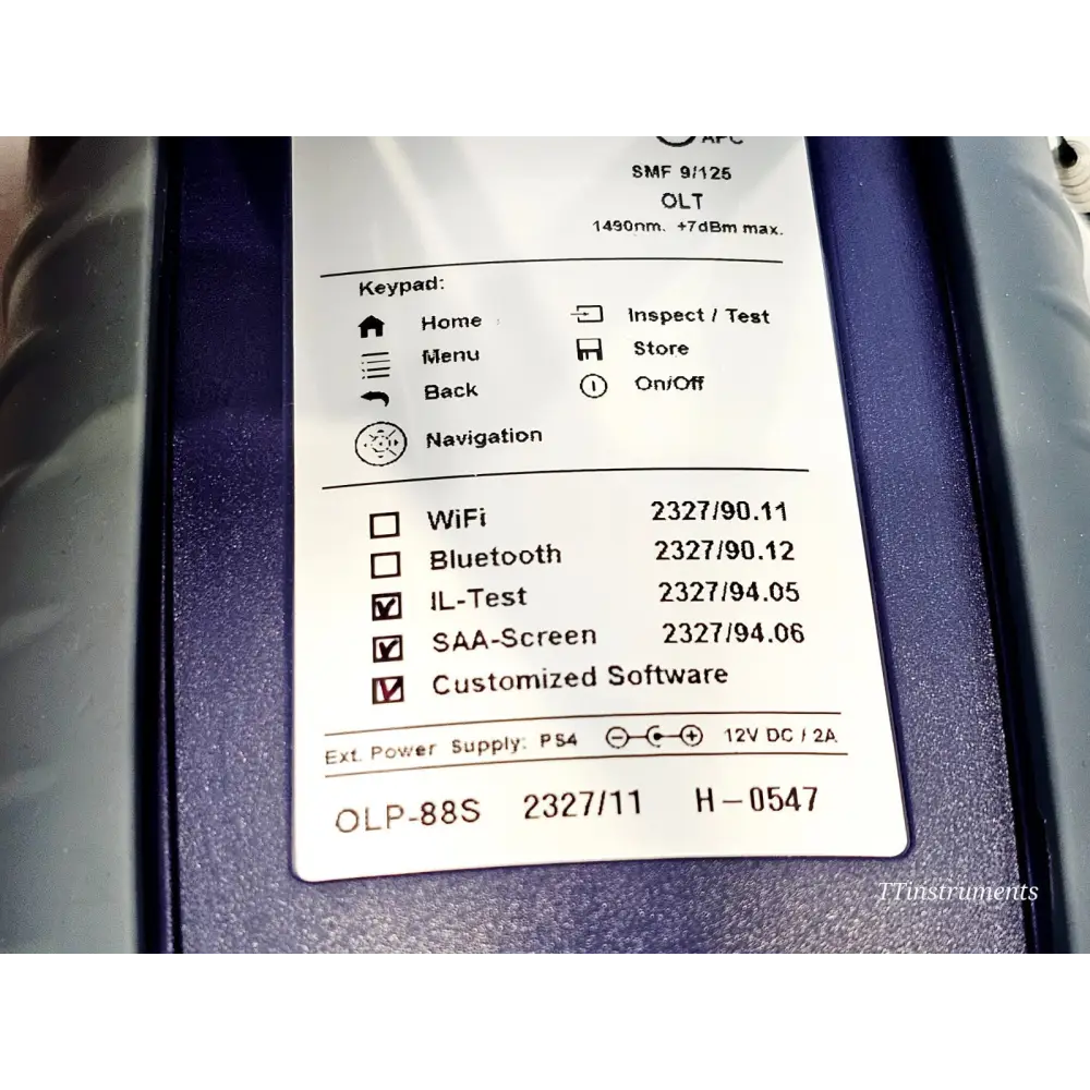 VIAVI OLP-88S rear specification label close-up showing APC SMF 9/125 OLT 1490nm and active licensed options