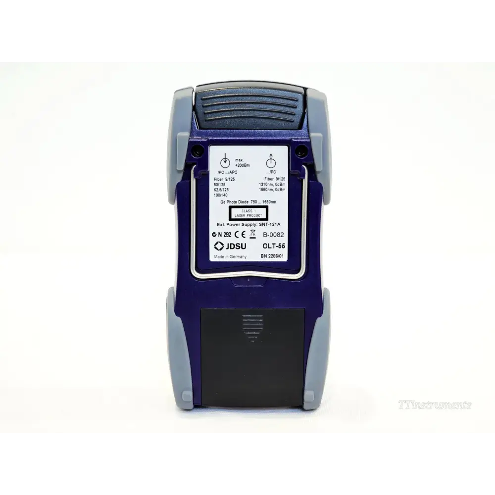JDSU OLT-55 rear panel label showing dual optical port specs, Ge photodiode 780–1650nm, Class 1 laser product, SNT-121A power supply, Made in Germany