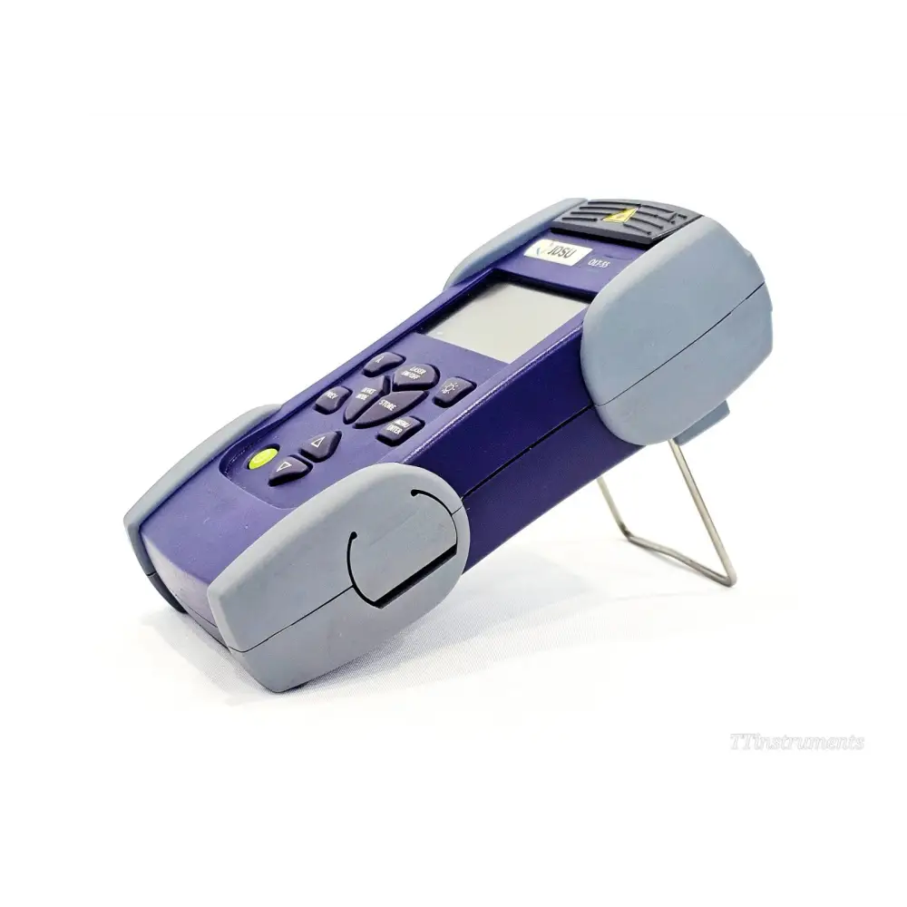 JDSU OLT-55 optical loss test set angled left-side view on metal stand, port cover closed, JDSU branding and keypad visible