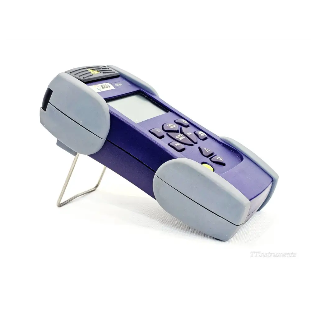 JDSU OLT-55 SmartClass angled right-side view on metal stand, port cover closed, blue and grey housing, laser warning label on top