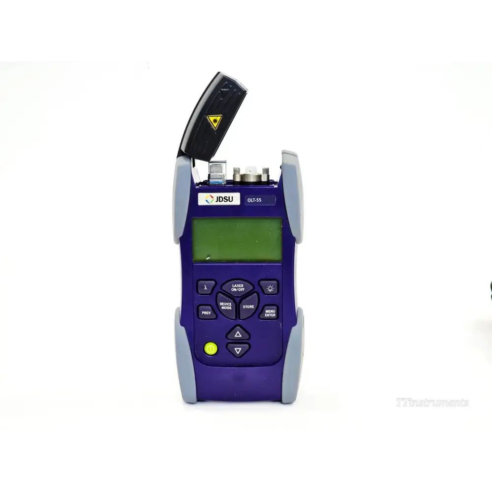 JDSU OLT-55 SmartClass optical loss test set front-on view, port cover open, backlit LCD display visible, all keypad buttons shown