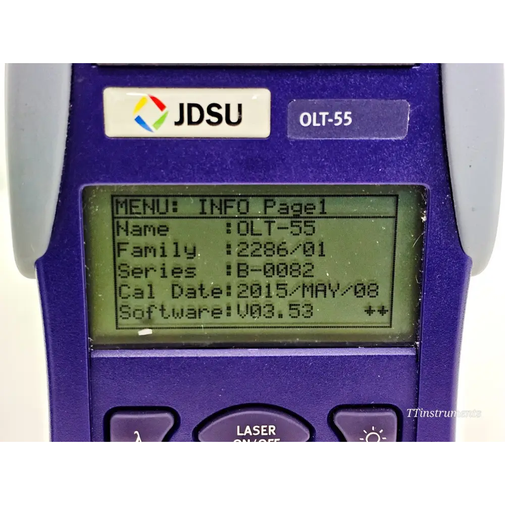 JDSU OLT-55 LCD screen close-up showing MENU INFO Page 1 with Name OLT-55, Family 2286/01, Series B-0082, Cal Date 2015/MAY/08, Software V03.53