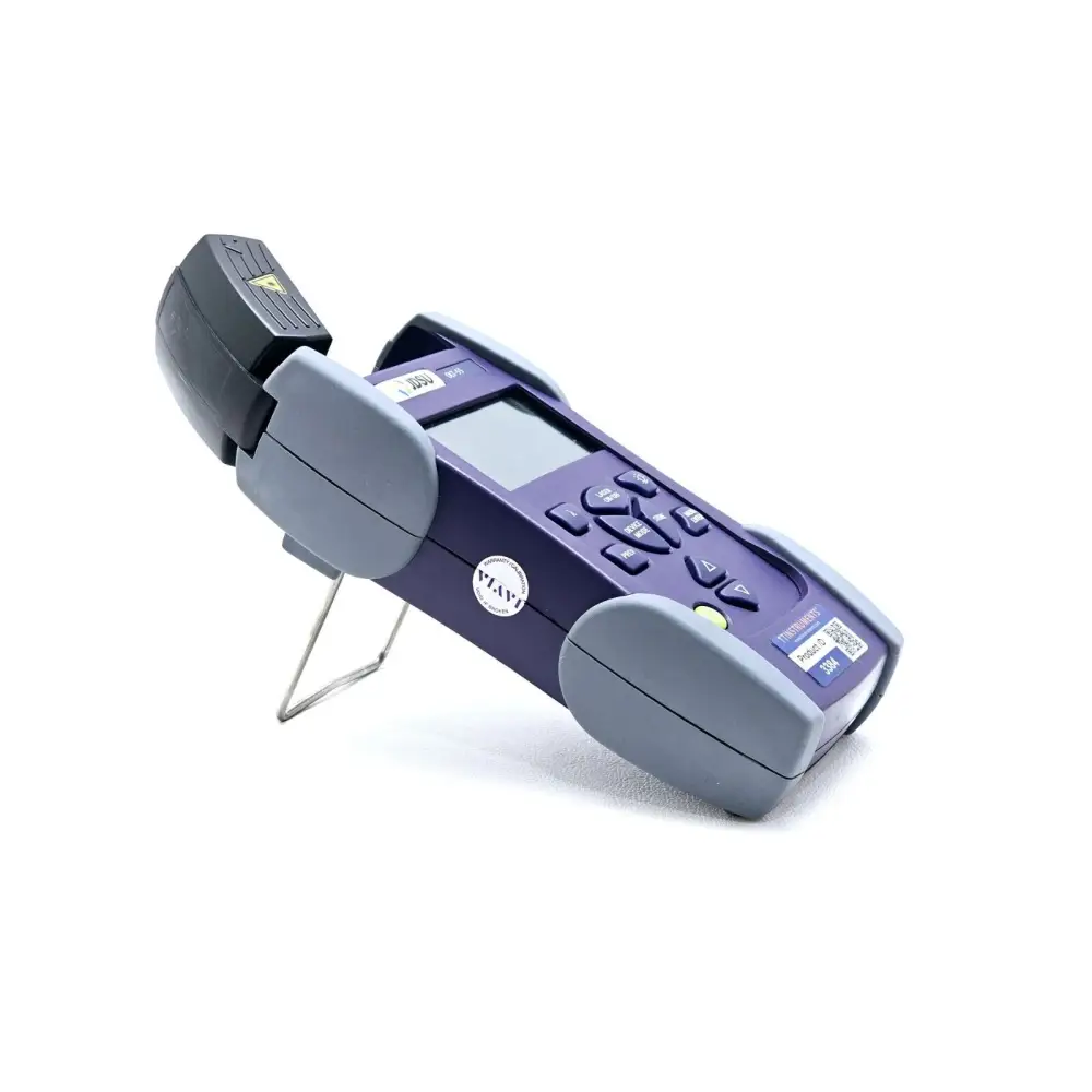 JDSU OLT-55 SmartClass OLTS angled side view showing grey rubber bumpers and TT Instruments product ID label