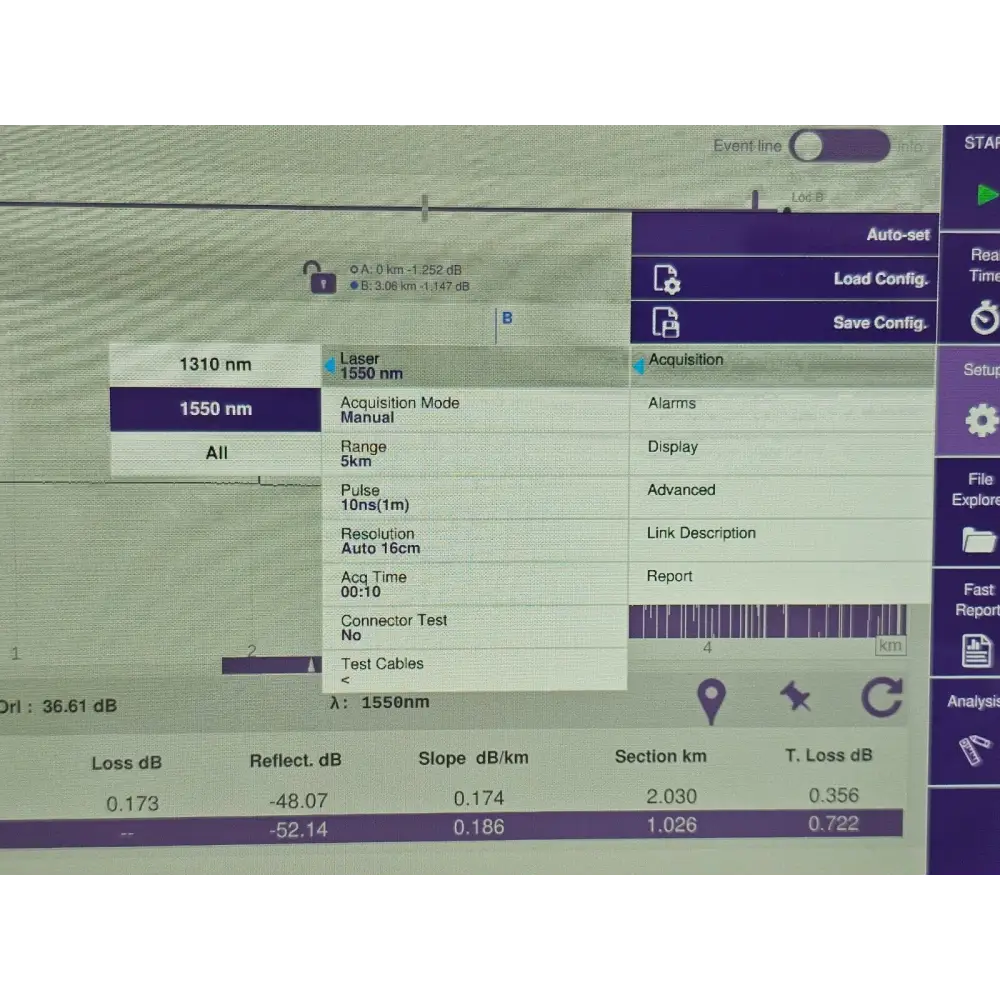 ONA-800A touchscreen GUI showing OTDR event table and fibre loss results