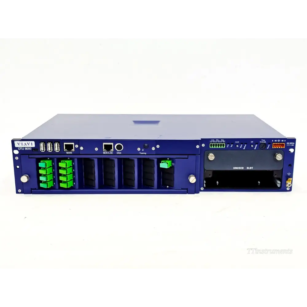 Viavi OTU 8000E v2 chassis front view showing LC/APC ports, USB, Ethernet, BCK/LOC, OSX connectors and unused slot
