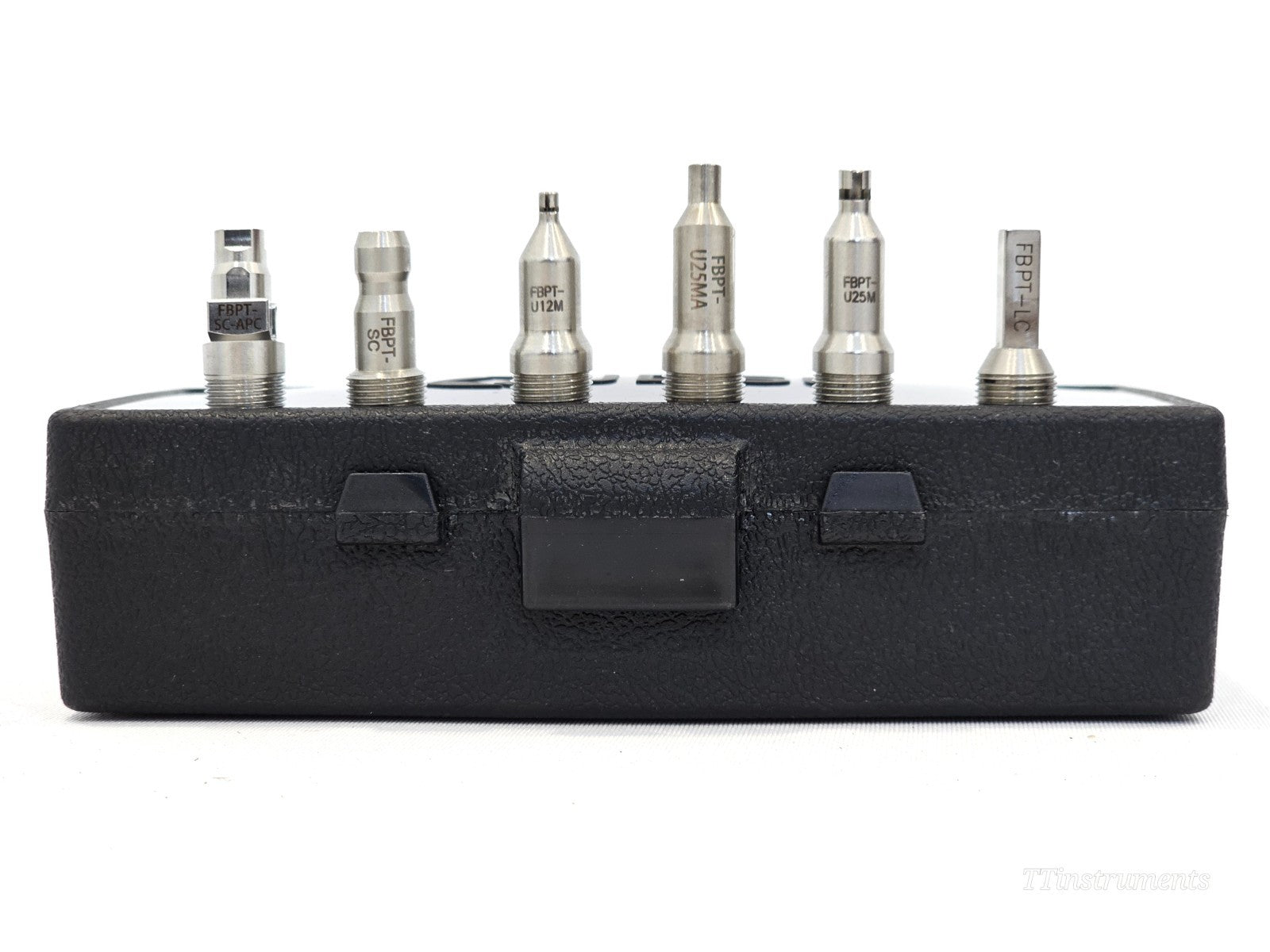 Viavi P5000i fibre scope showing six interchangeable tips including SC and LC bulkhead formats