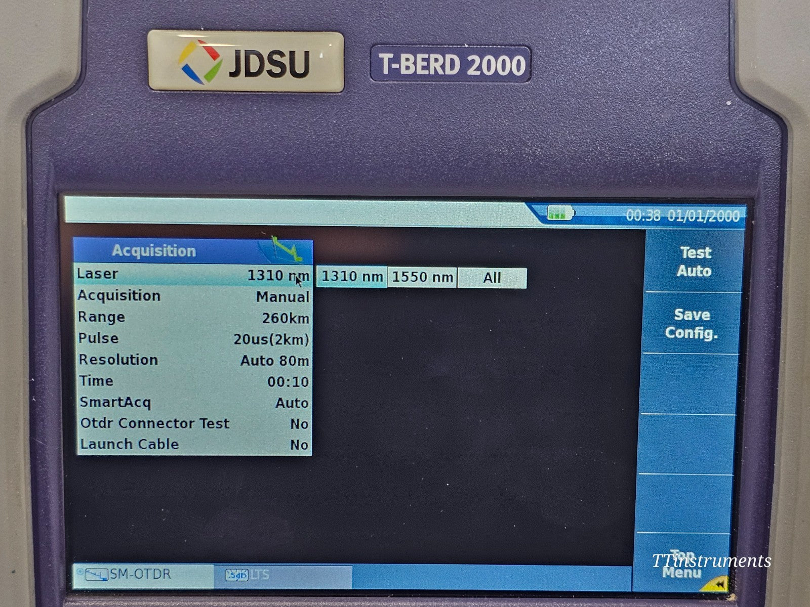 T-BERD 2000 touchscreen close-up showing FTTA OTDR software option