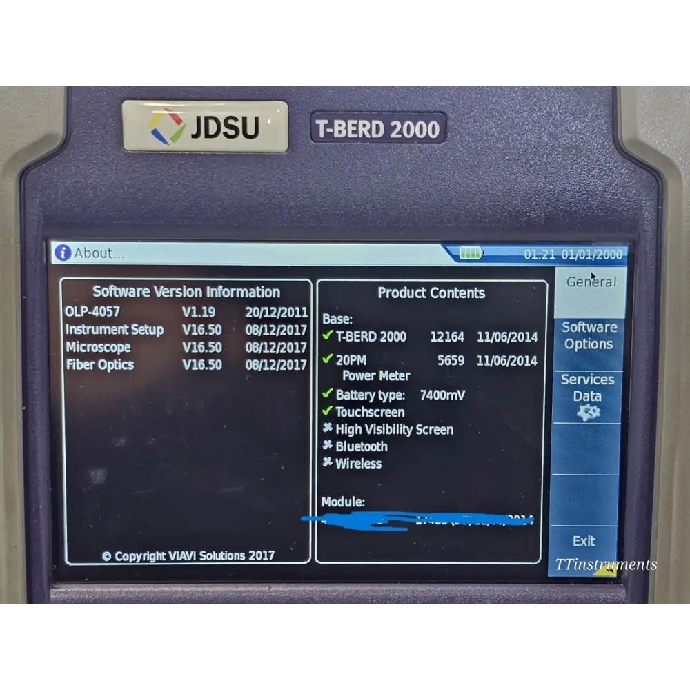 Viavi T-BERD 2000 touchscreen interface showing SmartLink software screen