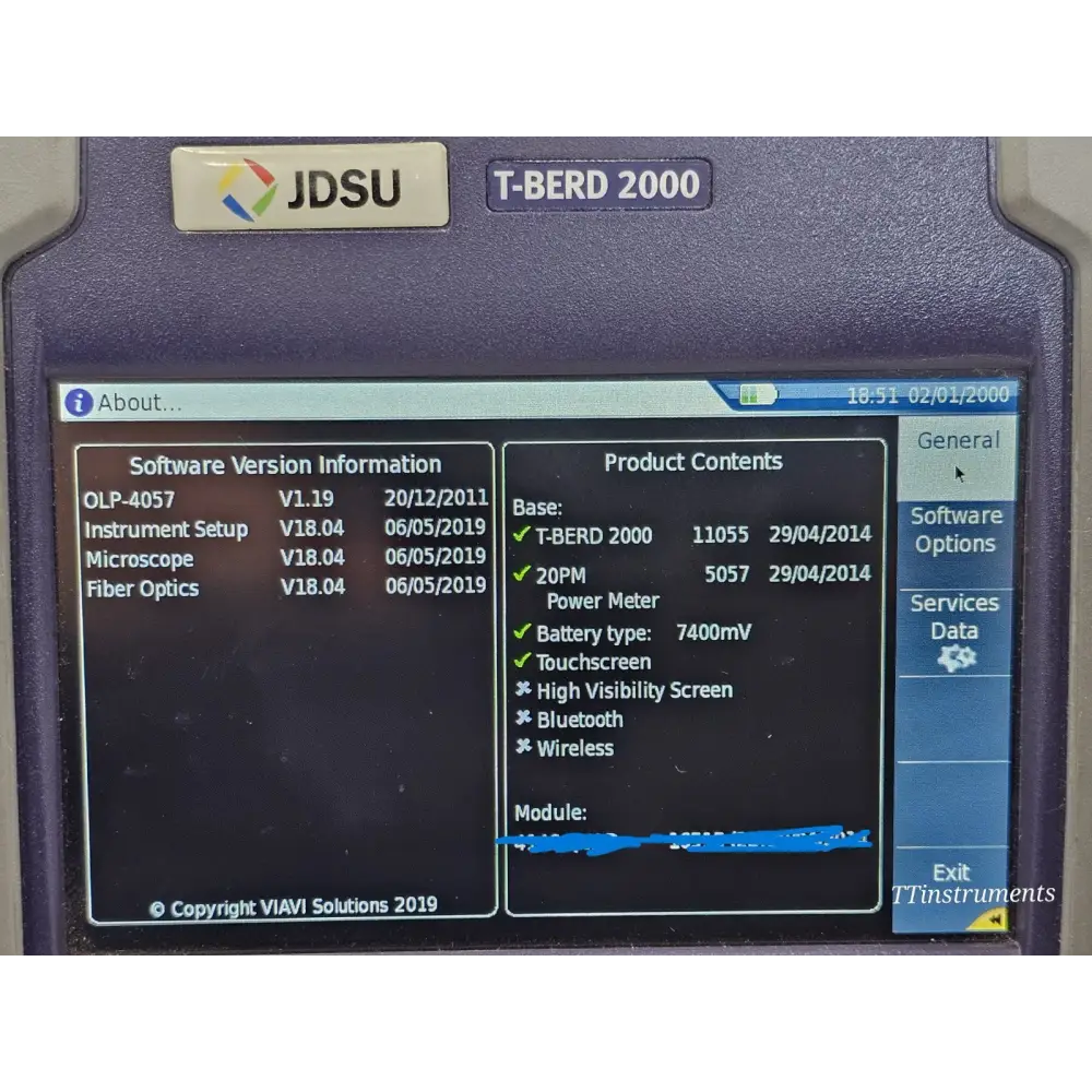 JDSU T-BERD 2000 About screen showing software versions V18.04, 20PM power meter, and touchscreen active