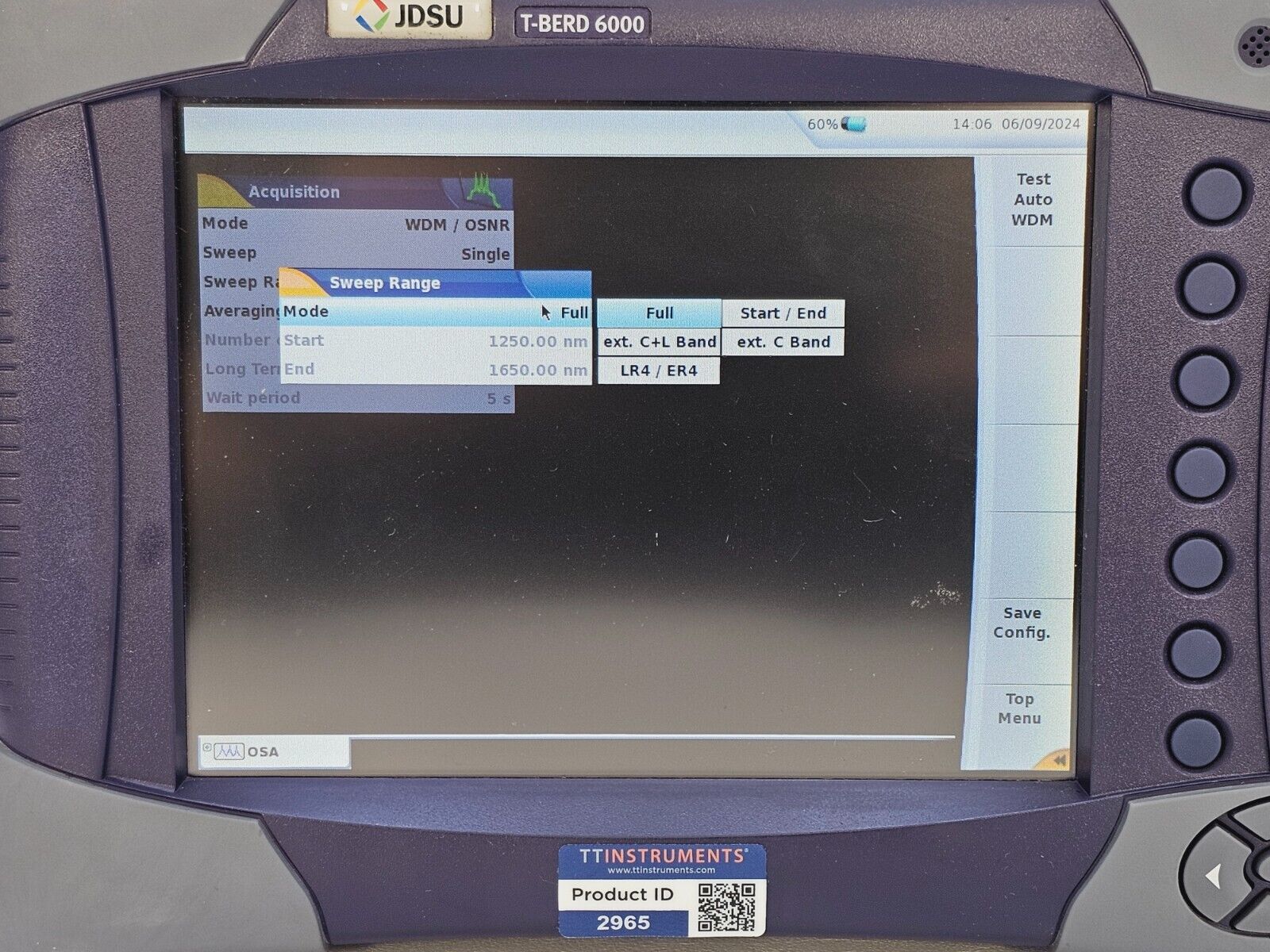 Viavi JDSU T-BERD 6000 + OSA-110M 1250-1650 nm 2304/91.02 PC-FC Optical Spectrum