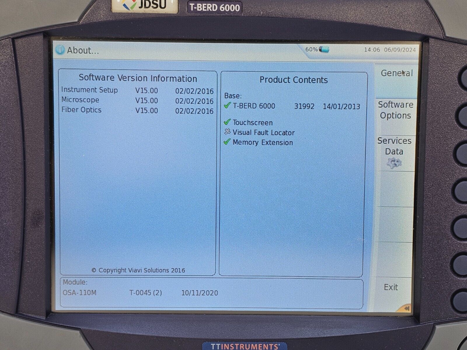 Viavi JDSU T-BERD 6000 + OSA-110M 1250-1650 nm 2304/91.02 PC-FC Optical Spectrum